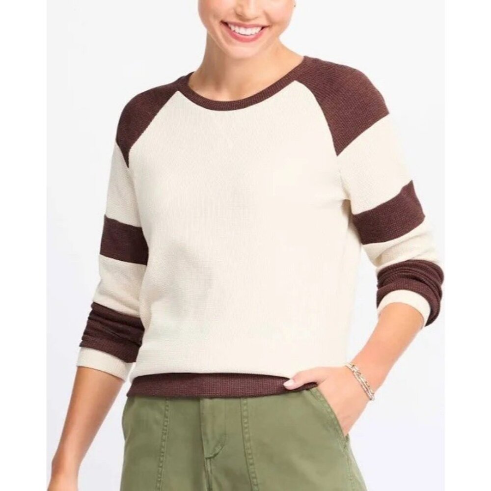 Market & Spruce Logan Long Sleeve Thermal Knit Top White Brown Crewneck Size M